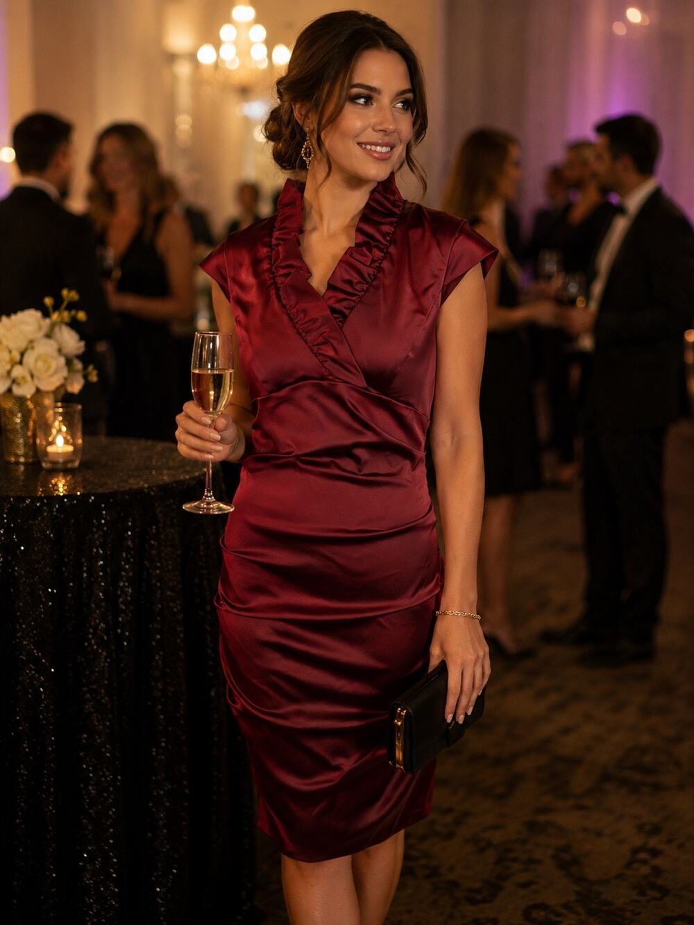 Xscape Burgandy Women's Ruffle Collar Bodycon Cocktail Sheen Dress in Size 12.